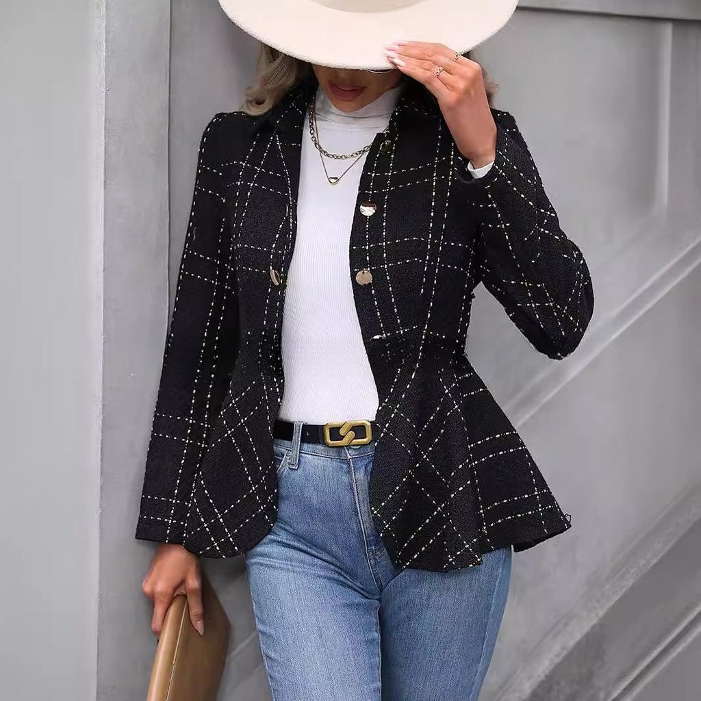 Женский блейзер в европейском стиле с воротником, цветочным узором, оборками, приталенным силуэтом и двубортным дизайном – стильная и элегантная куртка.