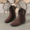 New Cow Suede Boots European and American Style Pointed Splicing Sleeve Thick Heel Medium Heel Large Size Short Boots Simple Women's Boots