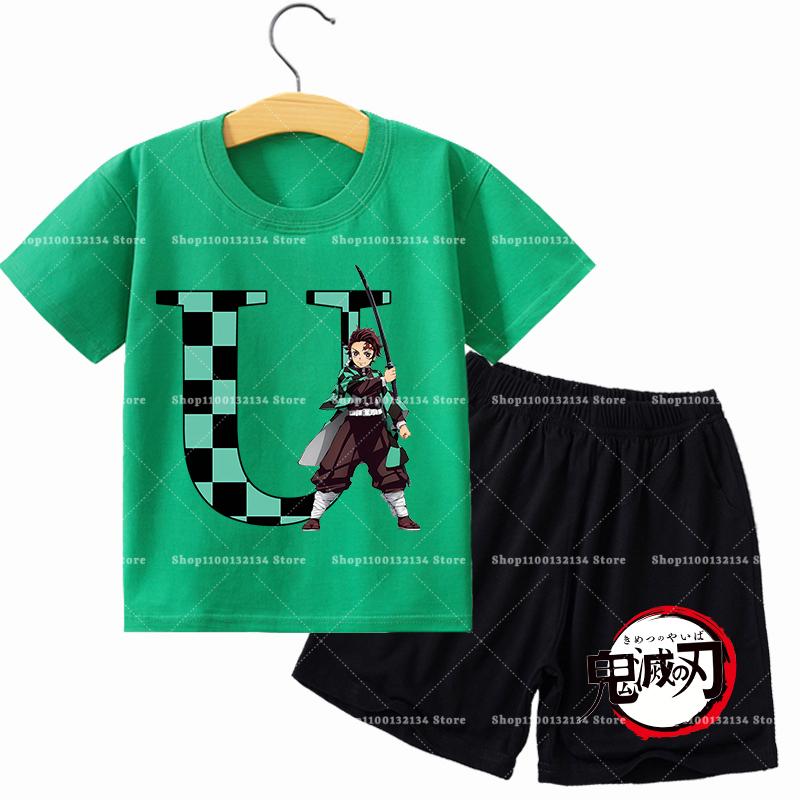 Demon Slayer Boy T-shirt Set Tees Anime Tanjiro Letter Print Children Polyester Short Sleeves Shorts 2pcs Set Kids Summer Clothes