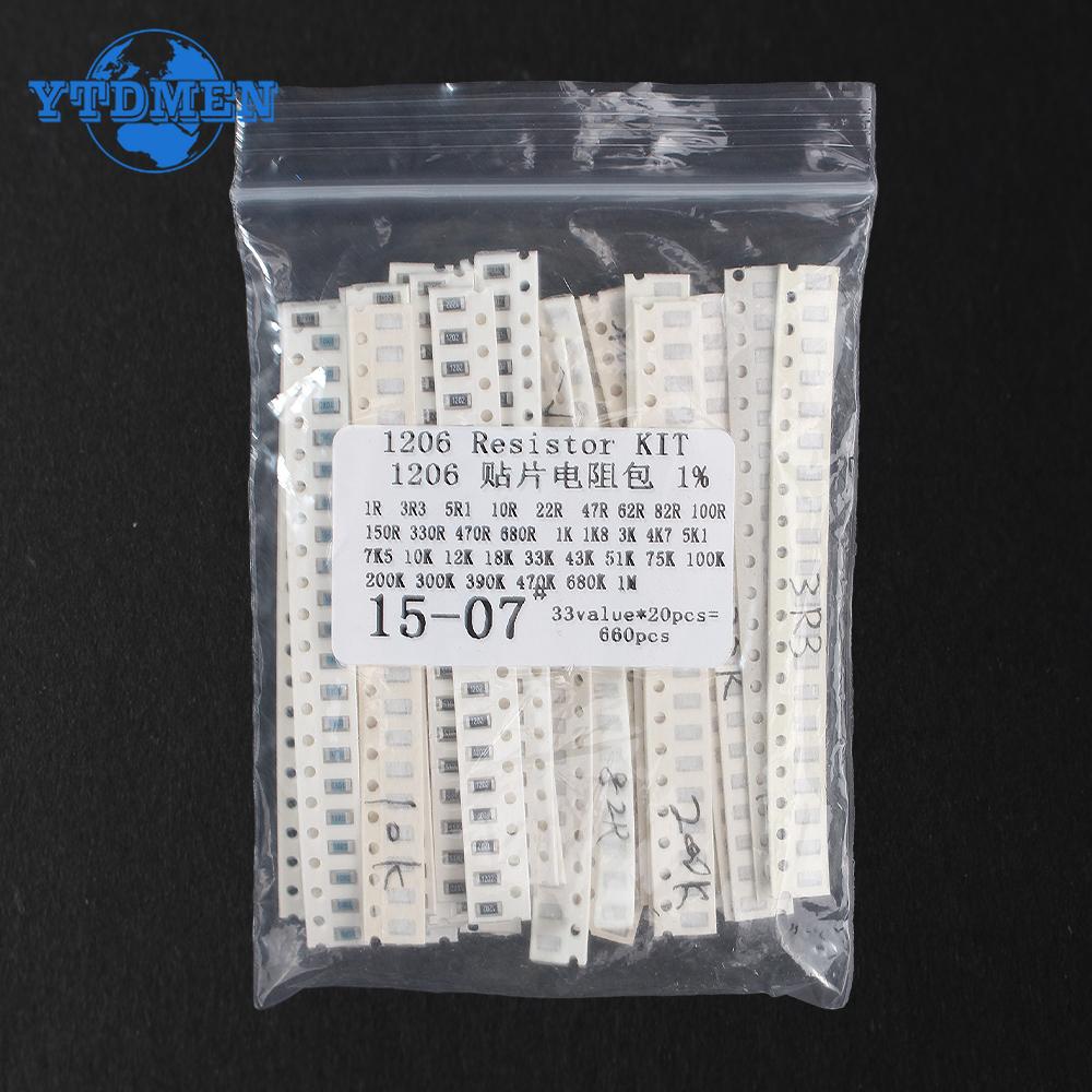 660 шт. 0805 1206 1% SMD Резистор Ассорти Набор 33 номинала По 20 шт. каждого 1R-1M 10K 100K 1K 100R Набор сопротивлений