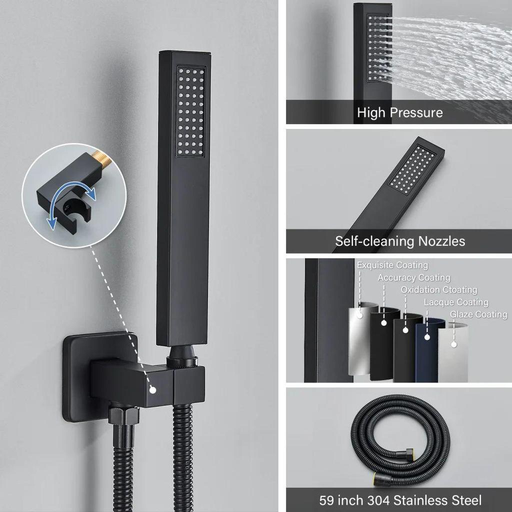 Black Concealed Shower Faucets Set 12" Brass Rainfall Showerhead Single Handle Mixer Tap