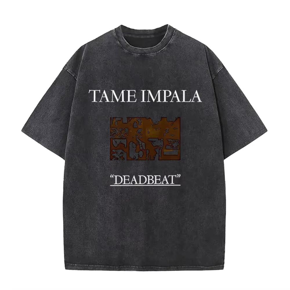 Rock Band Tame Impala Deadbeat Tour 2026 Vintage Washed T-shirt Unisex Hip Hop Gothic T Shirt Casual Oversized Short Sleeve Tees