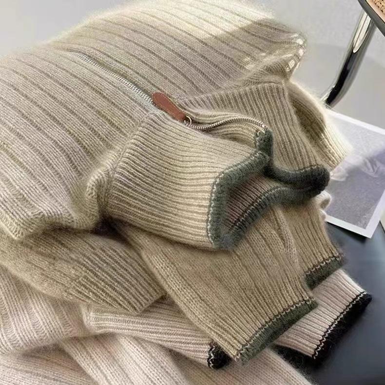 Women’s Pure Wool Stand Collar Half-Zip Vertical Stripe Knit Pullover - Autumn/Winter Casual Long Sleeve Baselayer