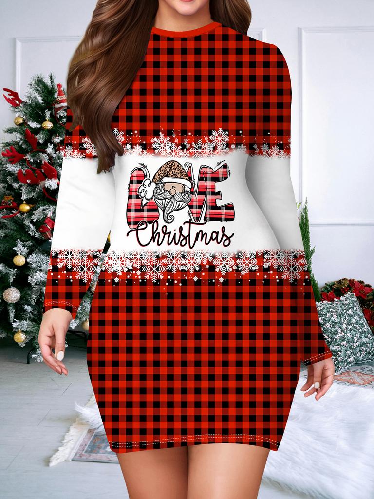 2025 Autumn and Winter New Women's Hip-wrapped Dress,3D Christmas Printing and Dyeing Women's Fashion Long-sleeved Round Neck Sexy Hip-wrapped Dress