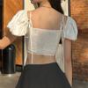 Модные уличные женские узкие топы с пышным вырезом в форме сердца и короткими рукавами с завязками и рюшами, пуловер нестандартной формы, женская рубашка с открытой спиной
