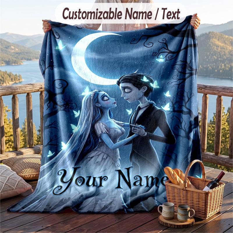 Custom Text Flannel Throw Blanket, Lightweight Cozy Bed Sofa BlanketCorpse Bride Emily Victor