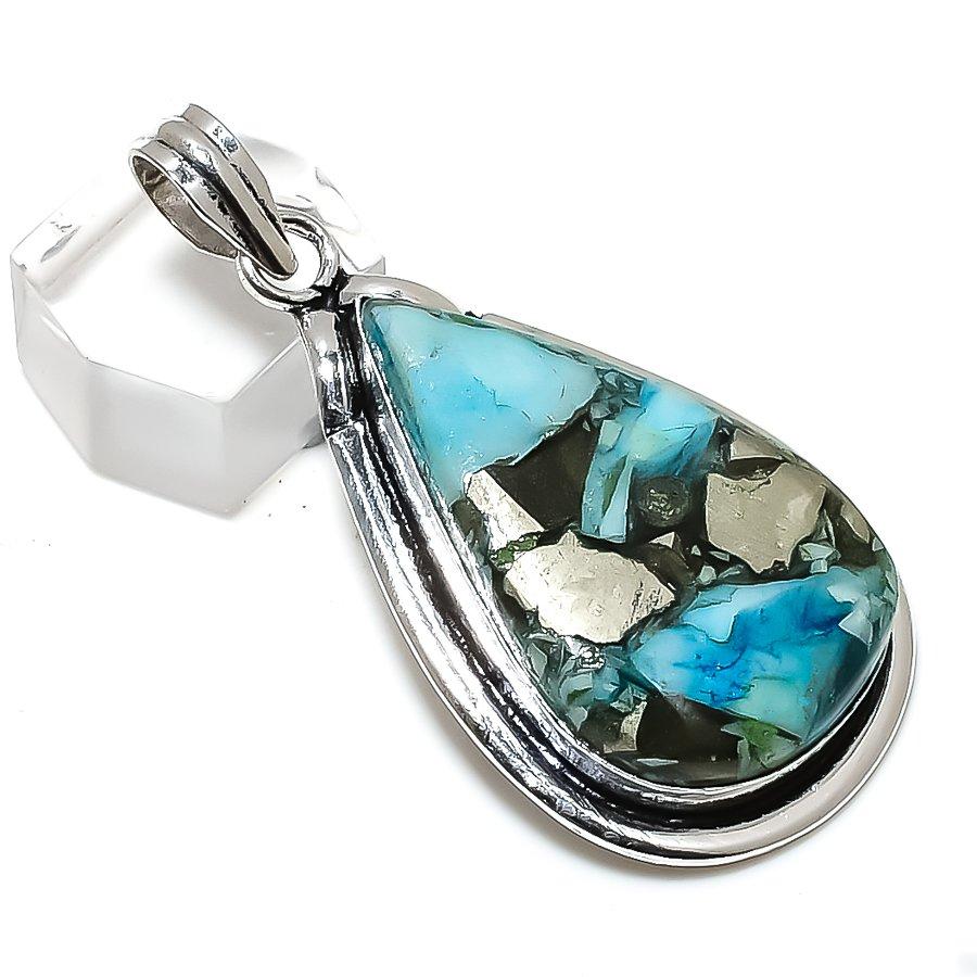 Бирюза в пирите Драгоценный камень Ручная работа Подвеска из стерлингового серебра 925 пробы 2,21" g1m40