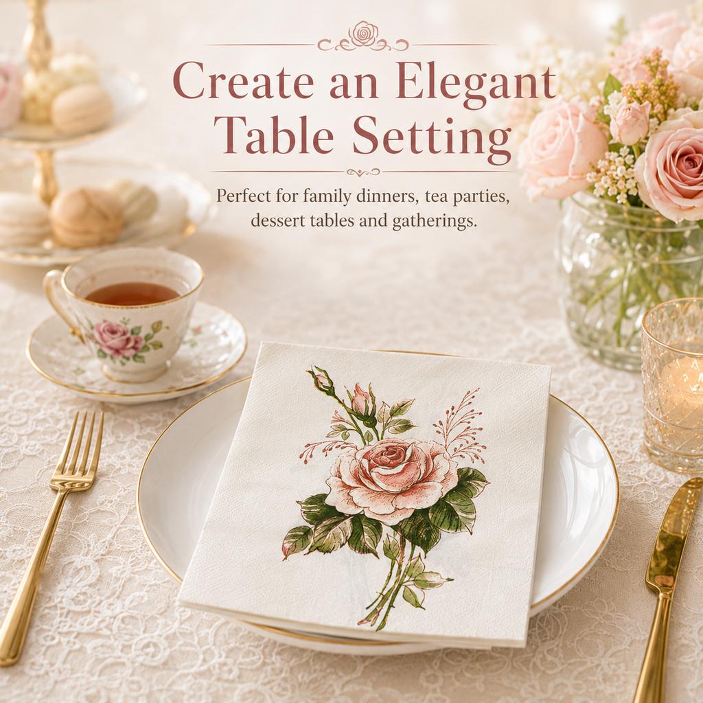 Vintage Rose Floral Paper Napkins 20Pcs 2-Ply Table Napkins for Party Wedding Tea Time Decor