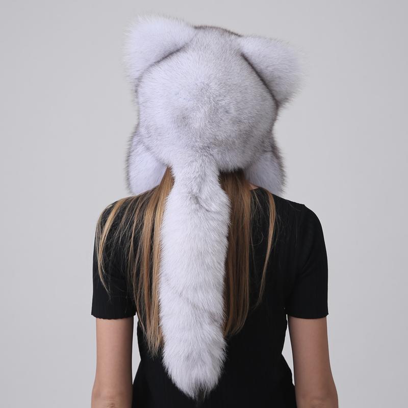 Женские зимние меховые шапки-бомбардировщики из натурального меха лисы с помпонами, ушками и хвостом, толстые теплые шапки для отдыха на природе