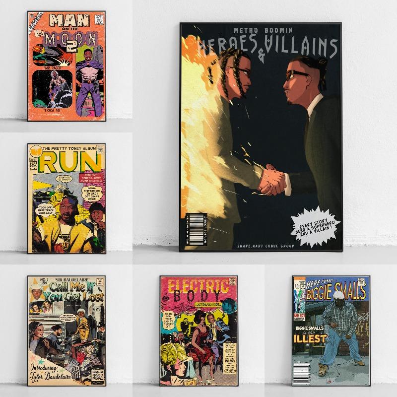 Рэп-певец Винтажный комикс-постер Канье Мак Миллер Weeknd Комикс-принты на холсте Декор для стен Поклонники рэп-поп-музыки Художественный декор для дома