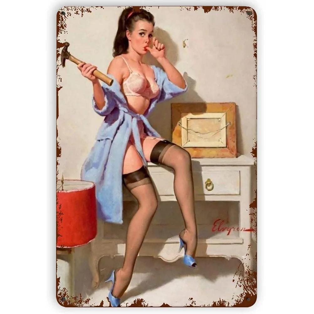Винтажные металлические знаки Pinup Girls Настенный декор для ванной комнаты Прачечная Мужская пещера Домашние бары Гараж Кафе Клубы Ретро-плакаты Табличка