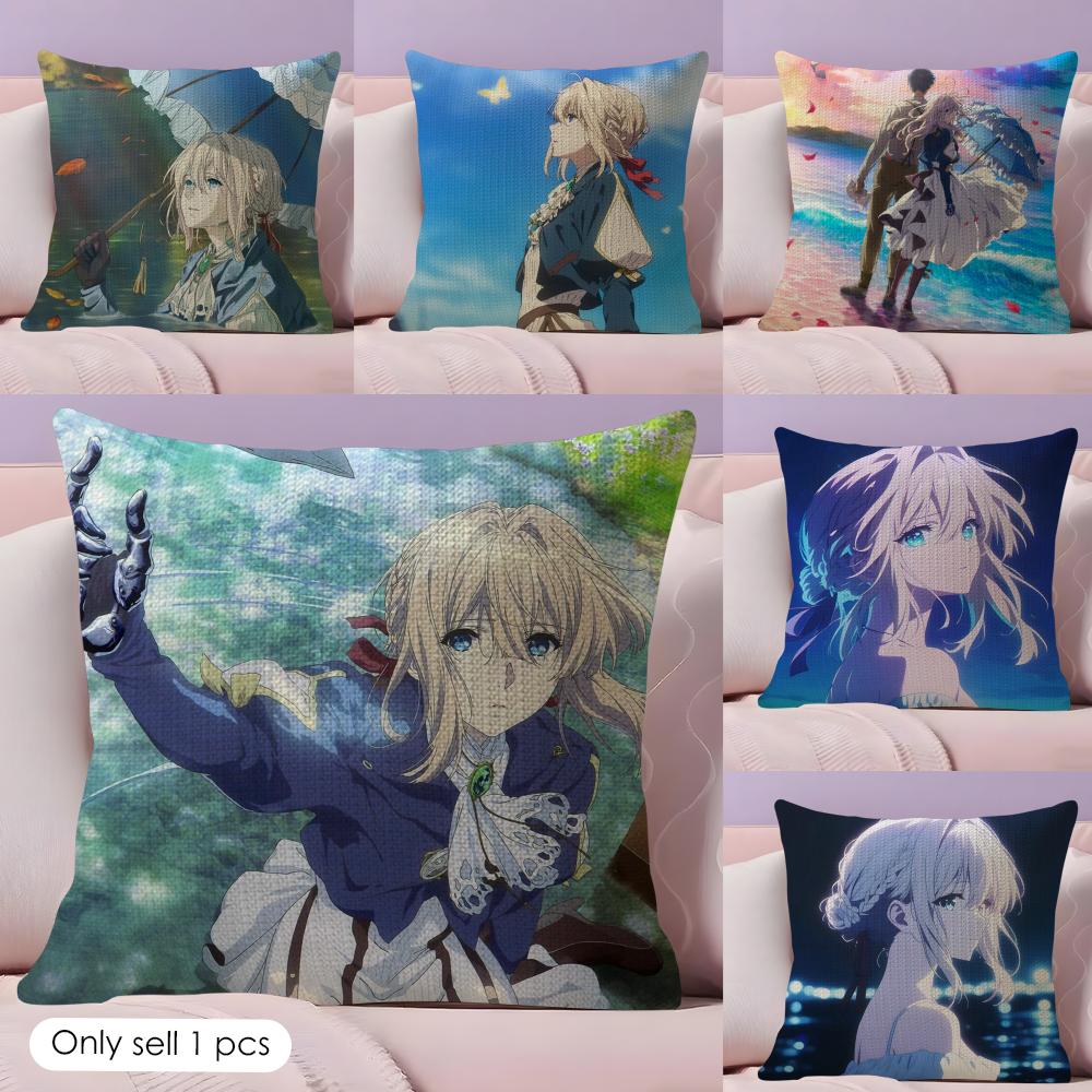 Violet EEvergarden Anime Cushion Cover Natural Linen Double Sided Print Throw Pillow Case for Sofa Couch Home Decor