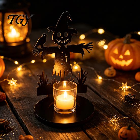 Unique Housewarming Gift Halloween Wooden Shadow Candle Holder, Scarecrow Bat Black Cat Ghost Silhouette Durable Garden Patio Decor Candlestick,