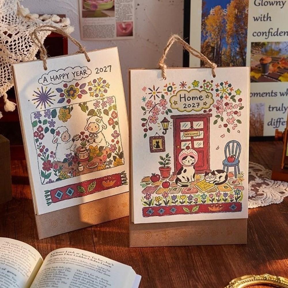 Lamb Pattern 2027 Desk Calendar Hand Painted Style Monthly Calendar Table Calendar Home Office