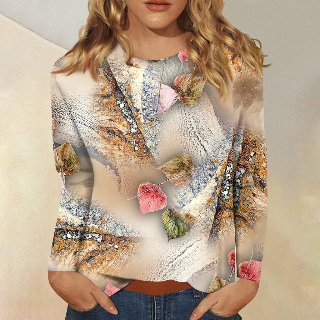 Женская модная повседневная футболка с круглым вырезом и длинным рукавом с принтом, топ