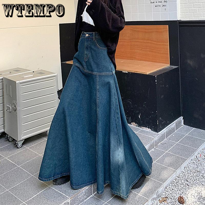WTEMPO Длинная винтажная синяя джинсовая юбка, женская весенне-осенняя элегантная универсальная юбка с высокой талией, уличная одежда