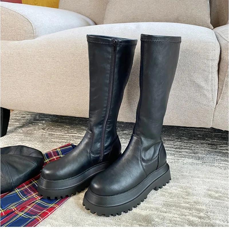 Winter Chunky Platform Heels Long Boots Round Toe Zipper Thick Sole Ladies Fashion Winter Women's High Boots Women Shoes