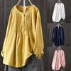 Women's Loose Cotton and Linen Long-Sleeve Pleated Round Neck Large Size Shirt