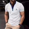 2024 Summer Men's Solid Color Pit Stripe Casual Button V-neck Slim Fit Embroidered Short Sleeved T-shirt
