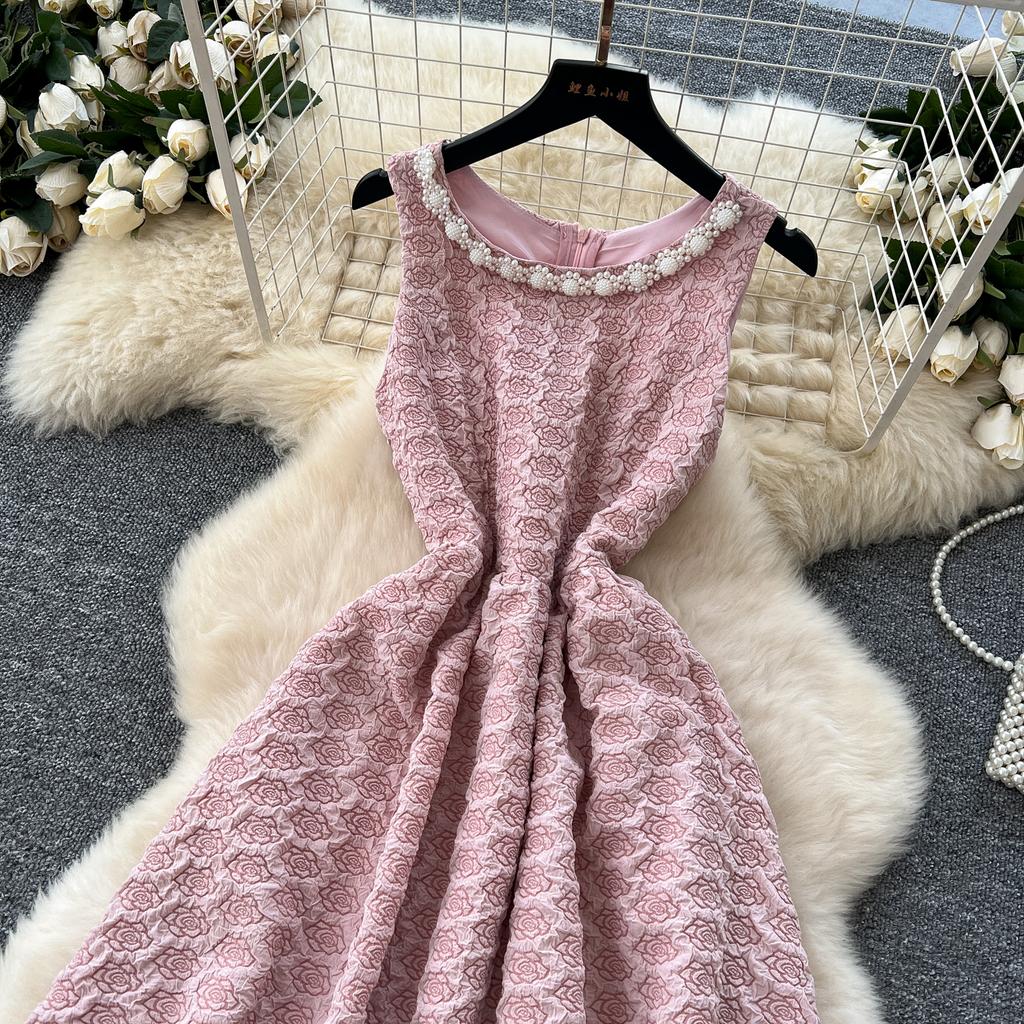 Summer Women Elegant Sleeveless Luxury Beading Collar Jacquard Flower Pink Birthdays Party Ball Gown Dresses