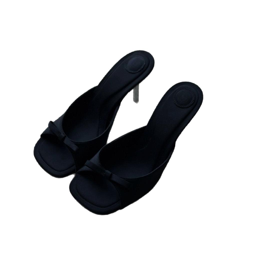 High-heeled Cool Slippers Women's Stiletto Open-toed Women's Sandals Size Women's Ankle Strap New Square Head Black Satin Bow