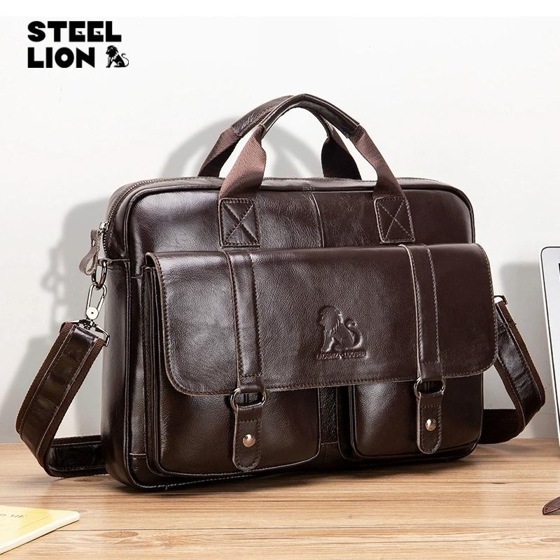 Деловой мужской портфель LAOSHIZI из натуральной кожи для компьютера с ручками и длинным наплечным ремнем