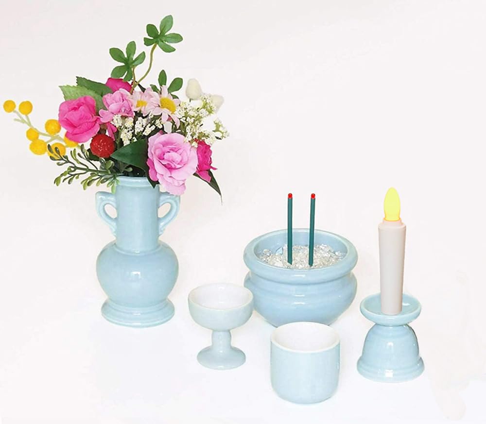 Domestic Ceramic Buddhist Altar Fittings Heaven 5 Pieces Timer Type LED Combination Light LED Candle LED Incense Stick with Buddha Flower and 3A