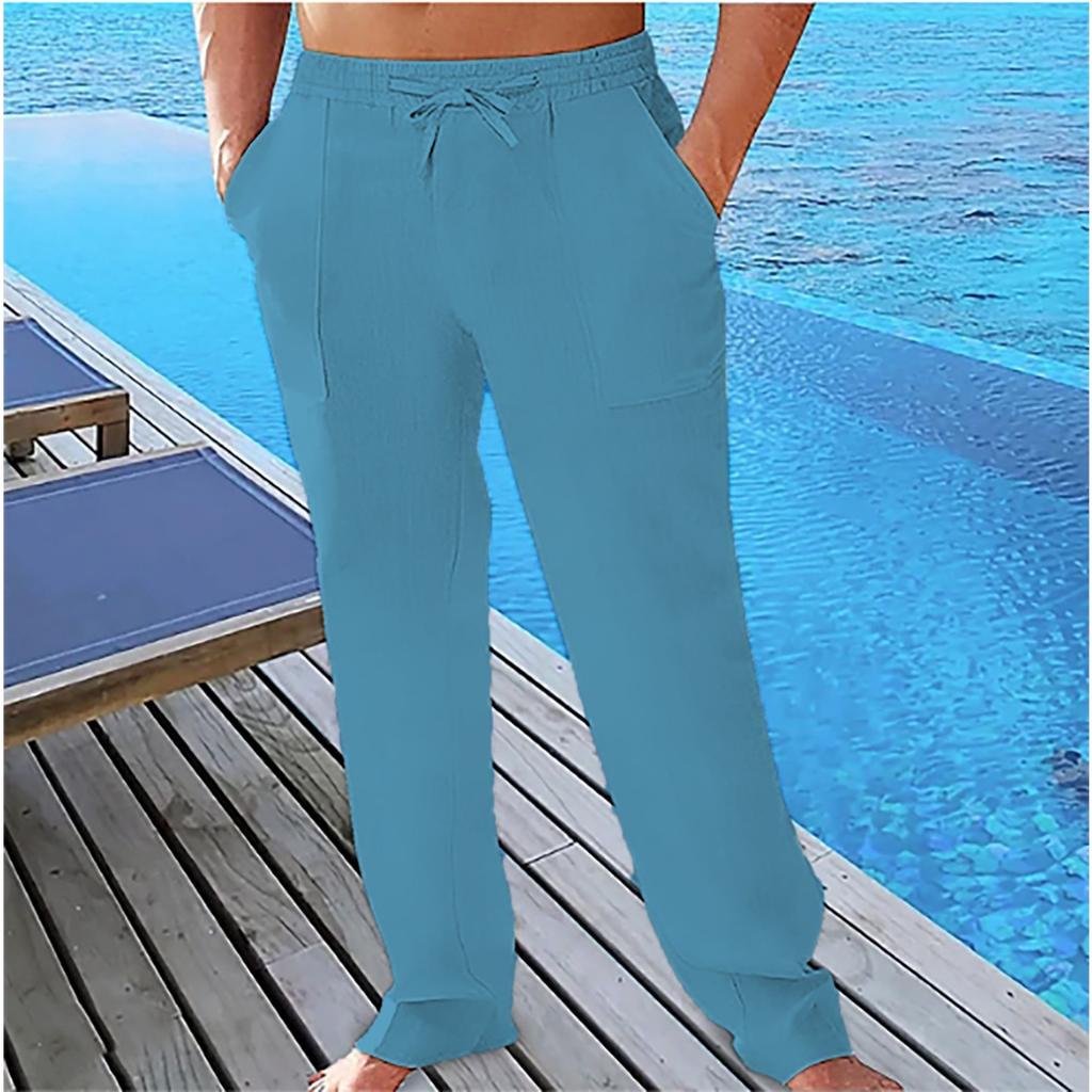 Мужские повседневные летние дышащие брюки с кулиской на поясе, карманами, из хлопка и льна, пляжные брюки