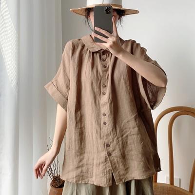 Простые винтажные рубашки с отложным воротником, летние однотонные повседневные универсальные свободные пуговицы с короткими рукавами, женские блузки на пуговицах