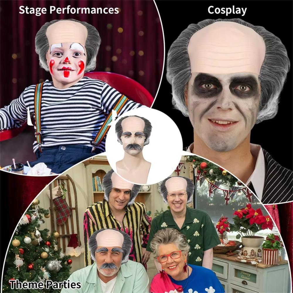 Straight Curly Old Man Bald Head Wigs Anime Halloween Balding Wig Adult Kids