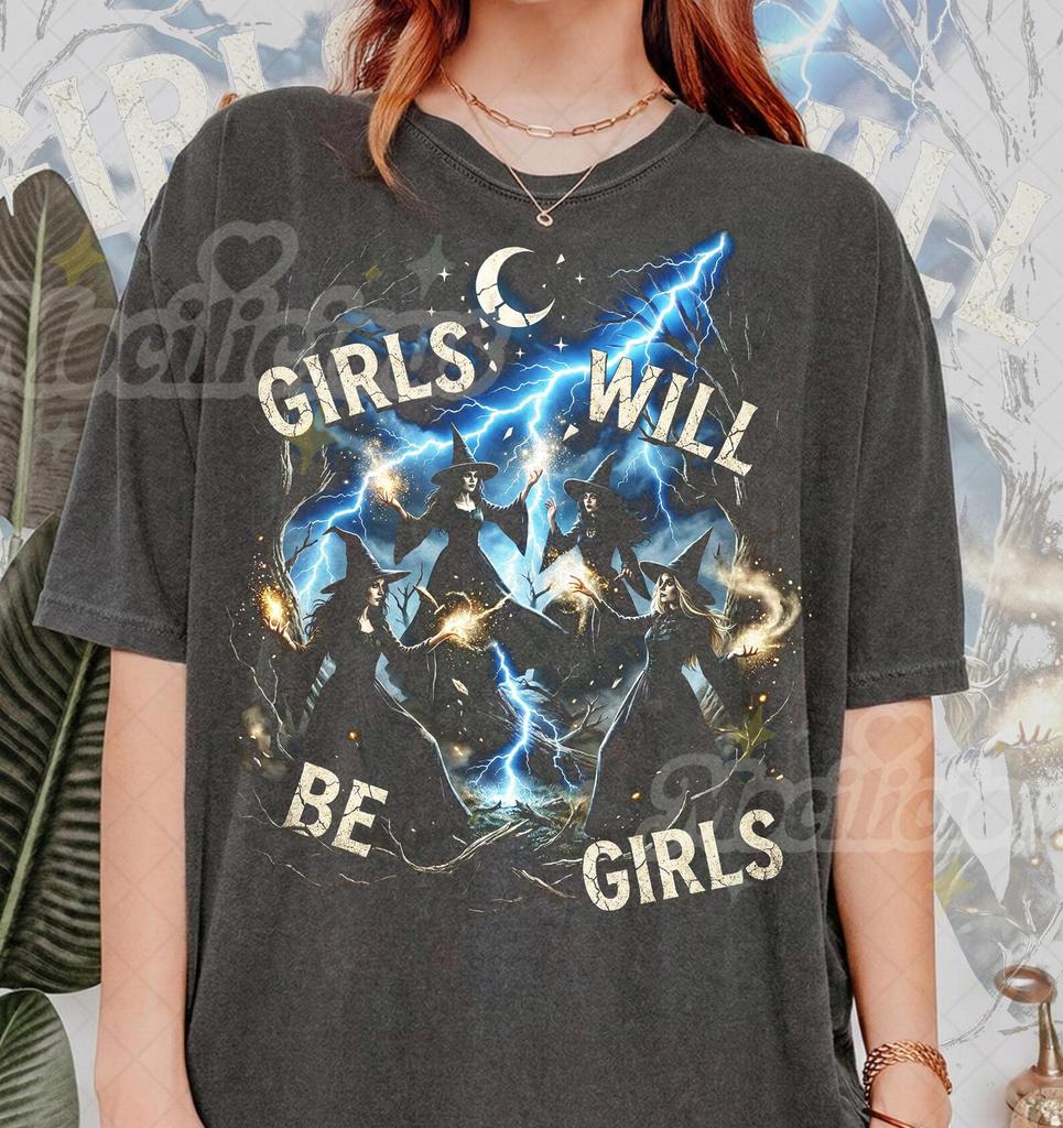 Vintage Witch 90s Graphic Comfort Colors® Tshirt, Grunge Retro Girls Will Be Girls Faded Tee, Gothic Y2k Streetwear, Spooky Magic Gift
