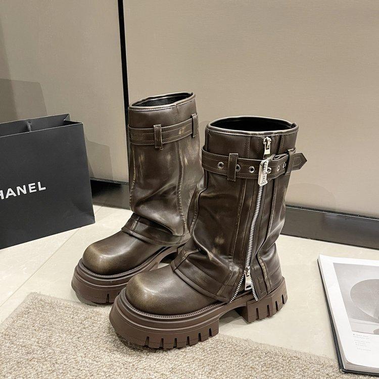 2024 Весна Осень Женские Новые Ковбойские Сапоги с Квадратным Носком, Сапоги с Рукавами, Классические Мотоциклетные Короткие Сапоги на Толстой Подошве