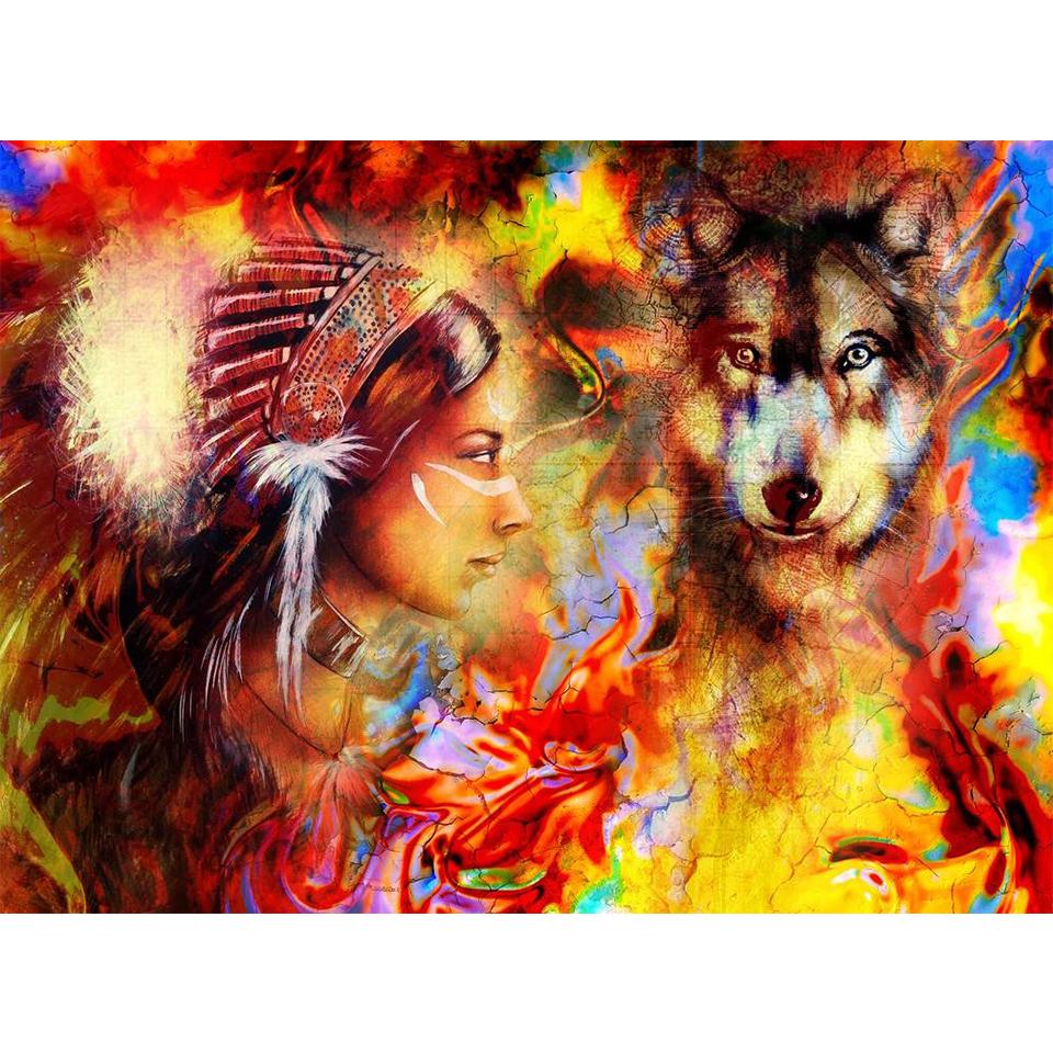5D DIY Diamond Painting Animal Rhinestone Art Picture of Beauty and Wolf Full Diamond Embroidery Mosaic Gift Home Decoration Kit