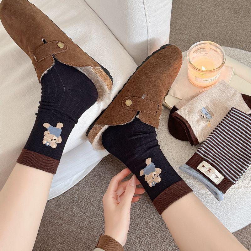 Korean Striped Cloth Label Cute Bear Mid-Tube Socks Contrasting Boneless Cotton Socks