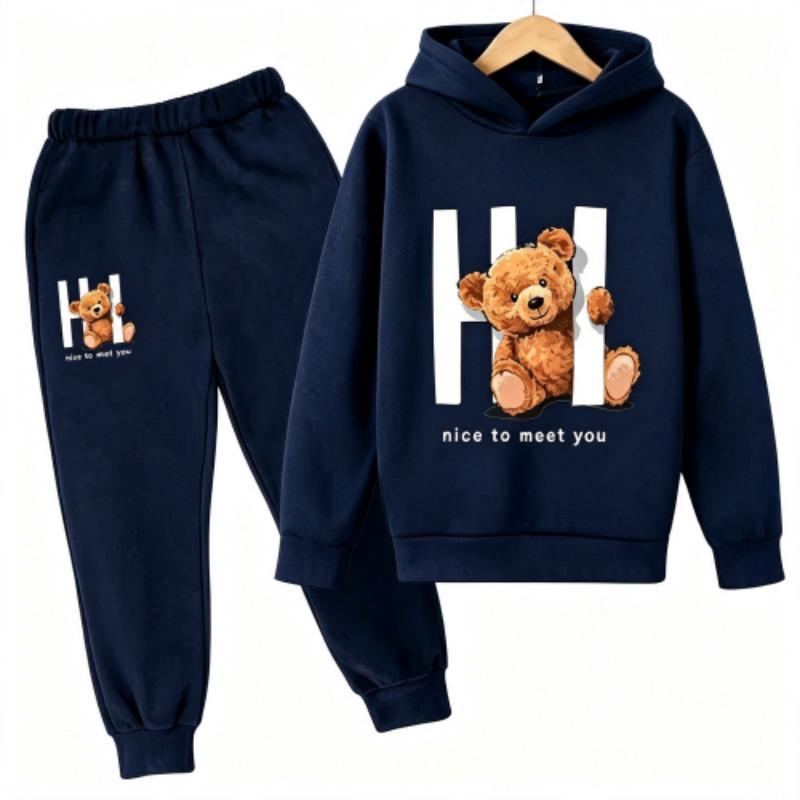 Spring Autumn Fashion Kawaii Anime Cartoon Teddy Bear Print Kids Pullovers Pants 2-piece Set Street Casual Fashion Hoodies Vintage Boy's Girl Clothes