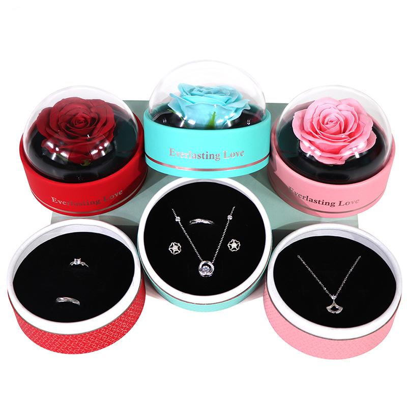 Valentine's Day Circular Jewelry Box Romantic Plastic Birthday Party Rose Decorative Eternal Flower Unique Gift Accessories