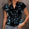 Женский летний топ с V-образным вырезом, воротником-стойкой, принтом листьев, короткими рукавами, свободный пуловер, прямой, дышащий, мягкий, повседневный, женская футболка