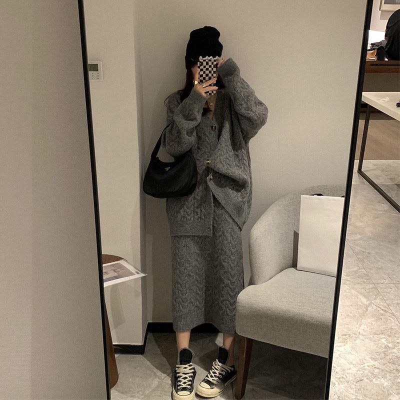 Женский свитер, зимний комплект из двух частей, элегантные вязаные свитера, винтажная женская юбка с высокой талией, осенние винтажные платья