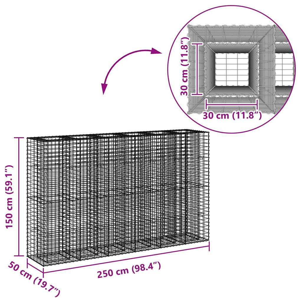 Gabion Raised Bed Set 3 pcs Silver 250 x 50 x 150 cm