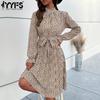 Women's Fashion Spring Fall Polka Dot Print Long Sleeve O-Neck High Waist Casual Dresses