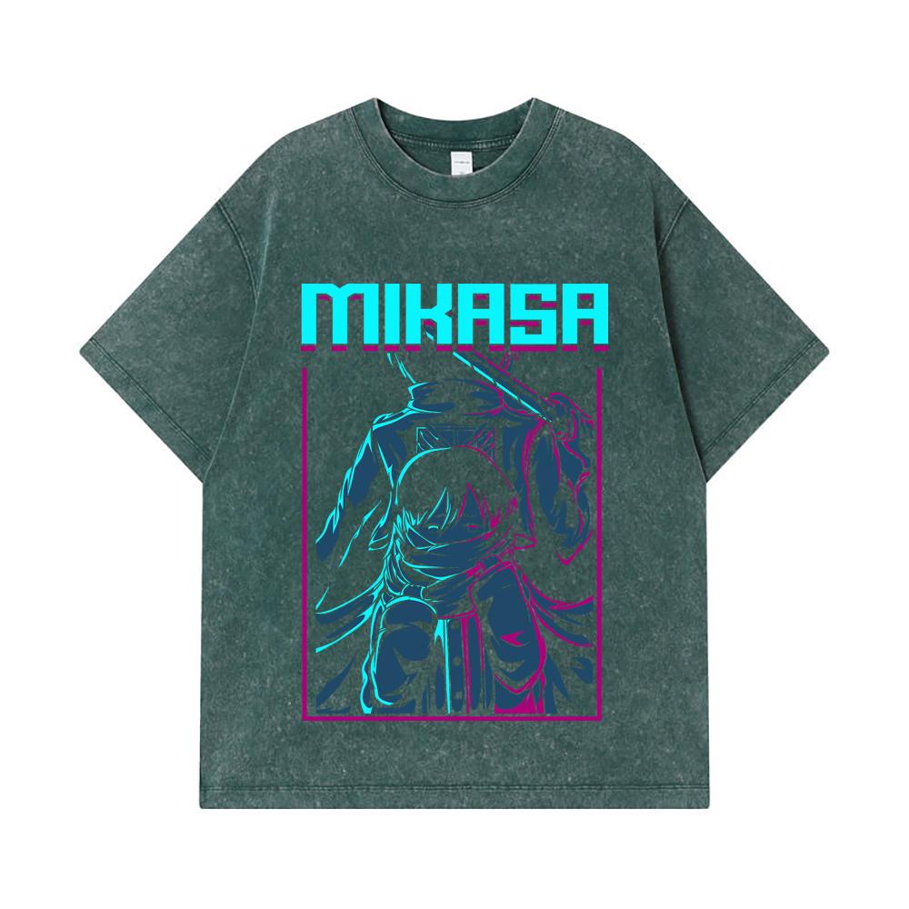 275 GSM Washed T-shirts 100% Cotton Attack on Titan V6 Mikasa Print Unisex Heavy Cotton T Shirt