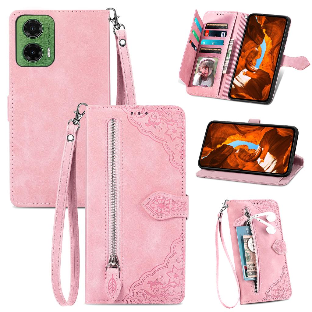 For Motorola Moto G35 5G Case Zipper Wallet PU Leather Flower Imprint Phone Cover