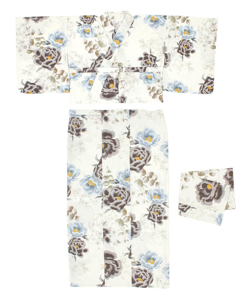 SOUBIEN Floro Yukata Set and Free Walnut with Sky and Gray Design Women's 3-Piece (Yukata, Half-Width Obi, Datejime), Size, (ykf10246-obh10005)