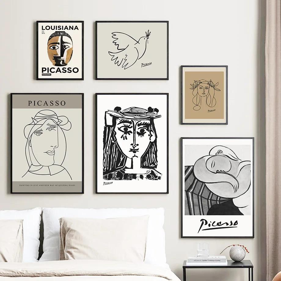 Абстрактная линия Женское лицо Птица Собака Пикассо Настенное искусство Фреска Холст Живопись Постеры и Принты Настенные картины для декора гостиной