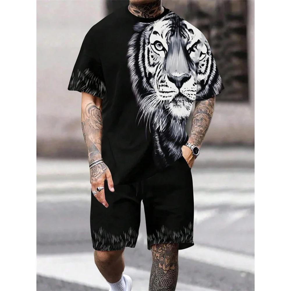 Fashion Lion King 3D Printed Men's Summer Animal Print Relaxed Fit Short Sleeve & Shorts 2-Piece Casual Sport Outfit Set