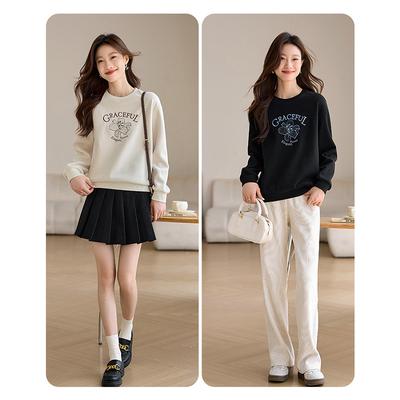 Свитшот из бархата с вышивкой лилии для женщин, свободный стиль, осень и зима, новый повседневный пуловер с круглым вырезом