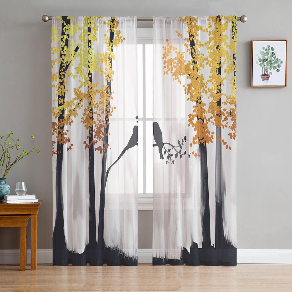 Arbor Tree Lake Landscape Sheer Voile Curtain For Living Room Transparent Tulle Window Curtains For Bedroom Accessories Decor