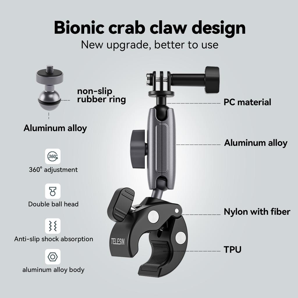 TELESIN GPHBM001 Велосипедный руль Super Clamp Mount из алюминиевого сплава, двойная вращающаяся на 360 градусов шаровая головка
