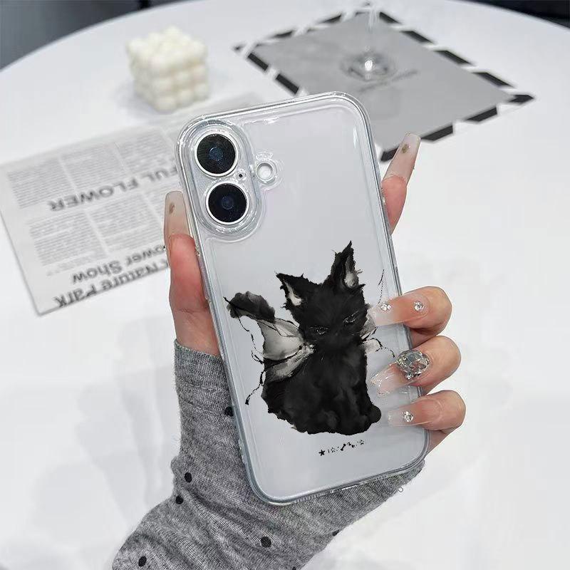 Чехол для iPhone с ангелом и черным котом для 13, 14, 15 Pro Max, 16, 17 Pro - Милый дизайн с полной оберткой