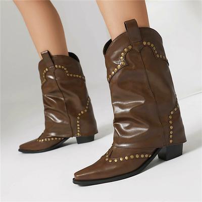 FOREADA Женские полусапоги ковбойские с круглым носком, на блочном высоком каблуке, ковбойские сапоги с металлической отделкой, западные сапоги, женская модная обувь, осень-зима